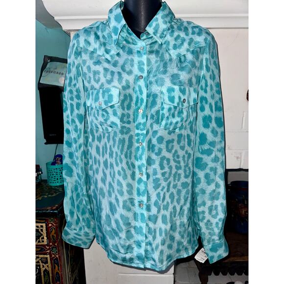 NWT $168 NEIMAN MARCUS 100% SILK TURQUOISE LEOPARD ANIMAL PRINT BLOUSE XS - Picture 1 of 10